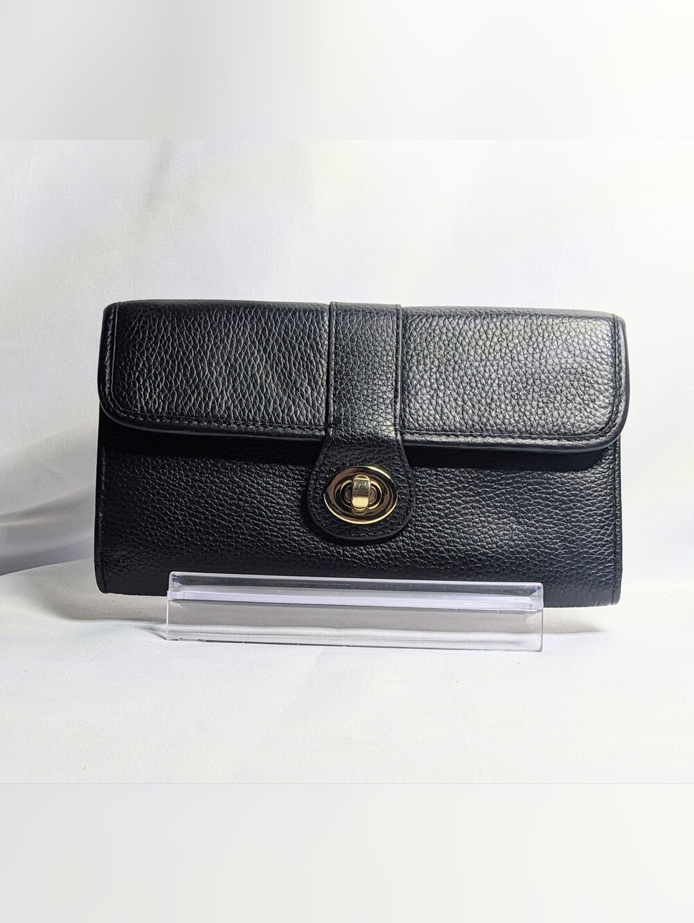 Ora Delphine Fold-over Wallet, Black Pebbled Leather W/ Gold-tone Turnlock - Picture 1 of 15